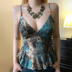 Ruffle v neck print beaded mesh cami top