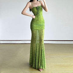 Square neck flower applique ruched print cami maxi dress