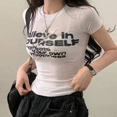 Crewneck short sleeve letter print contrast top