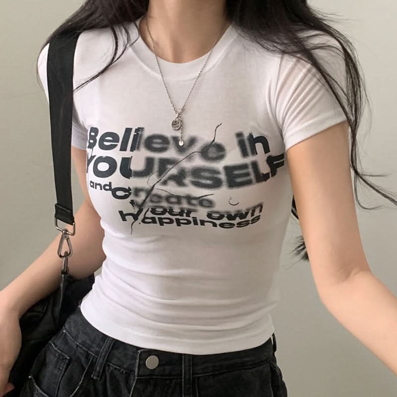 Crewneck short sleeve letter print contrast top