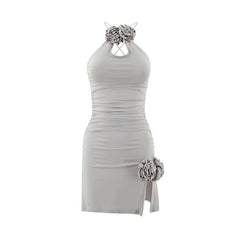 Ruched slit flower applique backless mini dress