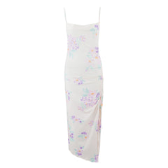 Ruched drawstring slit print cami midi dress