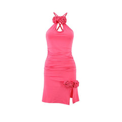 Ruched slit flower applique backless mini dress