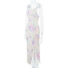 Ruched drawstring slit print cami midi dress