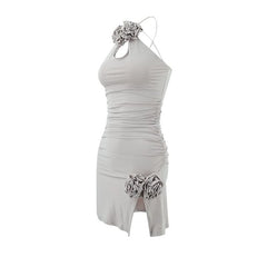 Ruched slit flower applique backless mini dress