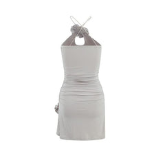 Ruched slit flower applique backless mini dress