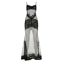 Lace hem v neck see through mesh cami maxi dress