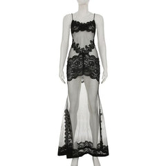 Lace hem v neck see through mesh cami maxi dress