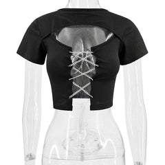 Short sleeve hollow out metal chain lace up ribbed cut out top