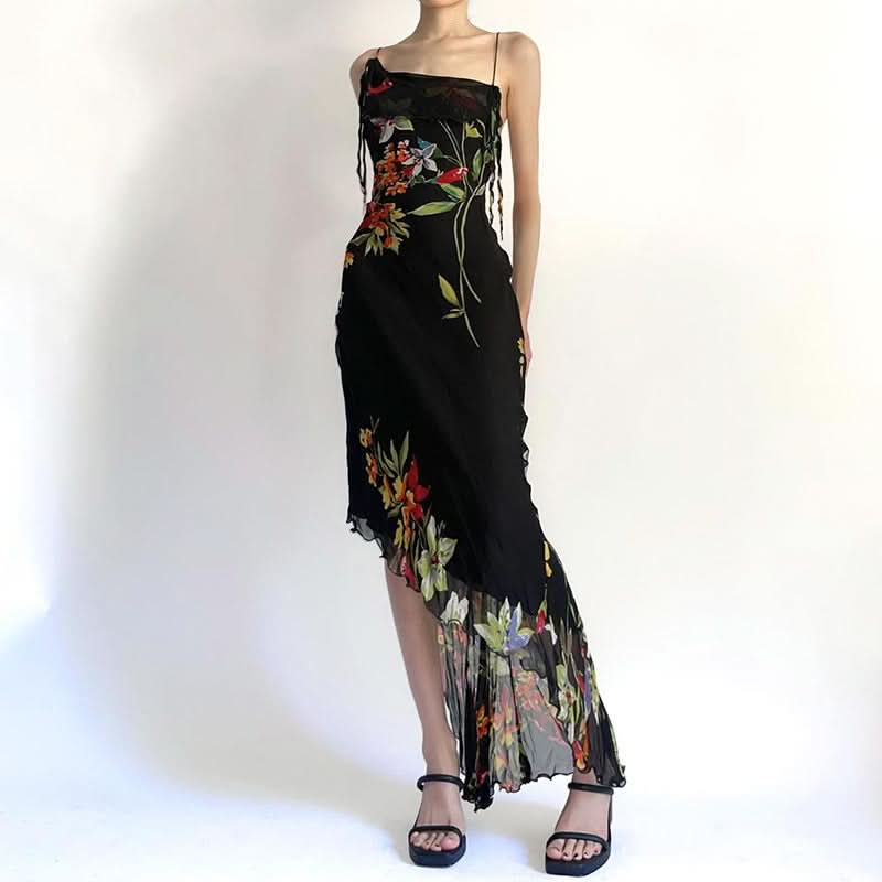 Irregular flower print ruffle cami midi dress