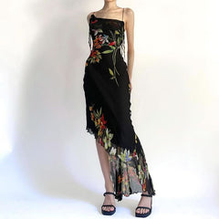 Irregular flower print ruffle cami midi dress