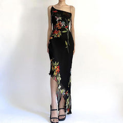 Irregular flower print ruffle cami midi dress