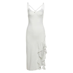 Hollow out v neck slit ruffle cami cut out midi dress