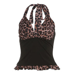Leopard print halter self tie v neck ruffle top