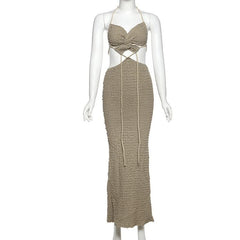 Textured halter self tie v neck hollow out cut out maxi dress