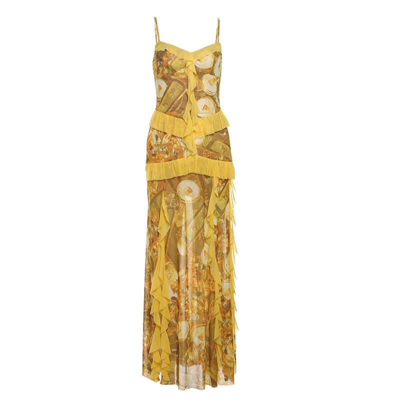 Ruffle v neck slit print cami maxi dress