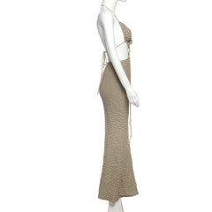 Textured halter self tie v neck hollow out cut out maxi dress
