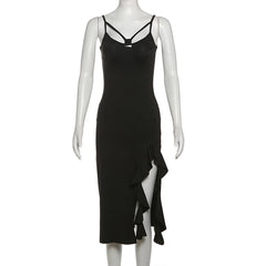 Hollow out v neck slit ruffle cami cut out midi dress
