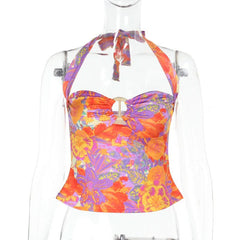 Self tie halter hollow out flower print cut out top