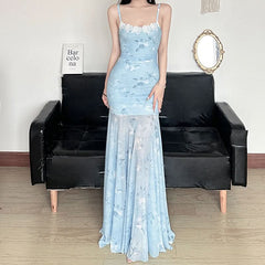 Ruched lace hem print mesh cami maxi dress