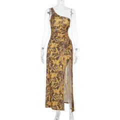 One shoulder slit ruched print hollow out cut out maxi dress