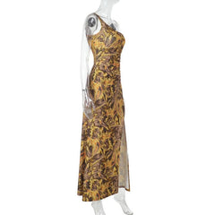 One shoulder slit ruched print hollow out cut out maxi dress