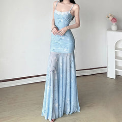 Ruched lace hem print mesh cami maxi dress