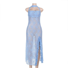 Halter square neck lace see through slit midi dress