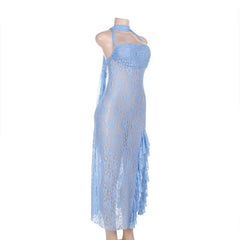 Halter square neck lace see through slit midi dress