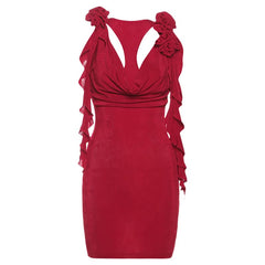 Cowl neck flower applique solid mini dress