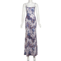 U neck lace up ribbon print cami maxi dress