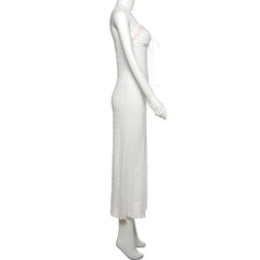 Lace hem v neck textured spaghetti strap midi dress