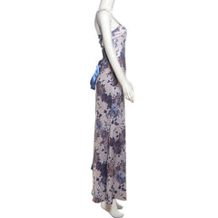 U neck lace up ribbon print cami maxi dress