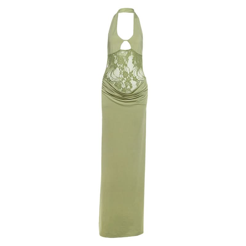 Halter lace hollow out ruched cut out maxi dress