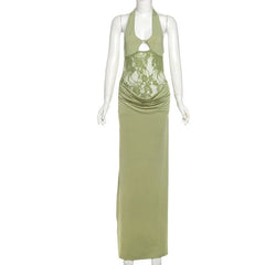 Halter lace hollow out ruched cut out maxi dress