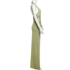 Halter lace hollow out ruched cut out maxi dress