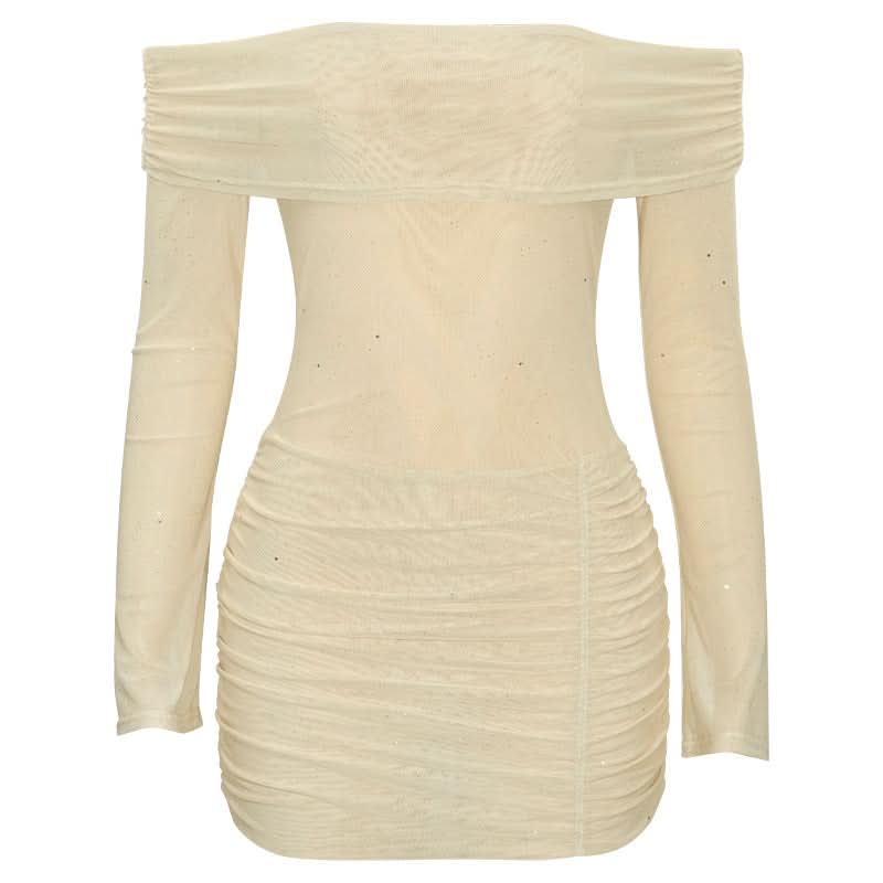 Long sleeve off shoulder glitter mesh ruched mini dress