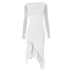 Long sleeve mesh patchwork ruffle midi dress