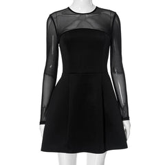Long sleeve mesh patchwork button mini dress