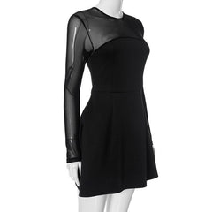 Long sleeve mesh patchwork button mini dress