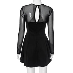 Long sleeve mesh patchwork button mini dress