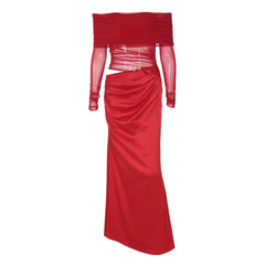 Hollow out off sleeve mesh patchwork cut out maxi dress