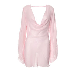 Cowl neck long sleeve chiffon see through mini dress