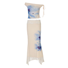 Off shoulder flower print lace hem maxi skirt set