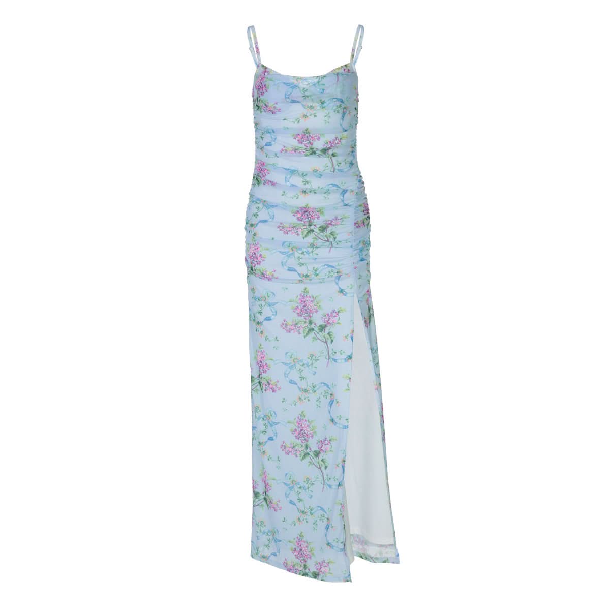 U neck flower print high slit cami maxi dress