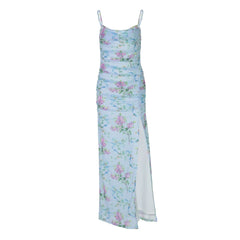 U neck flower print high slit cami maxi dress