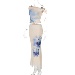 Off shoulder flower print lace hem maxi skirt set