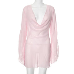 Cowl neck long sleeve chiffon see through mini dress