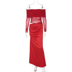 Hollow out off sleeve mesh patchwork cut out maxi dress