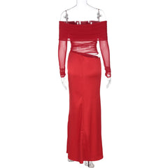 Hollow out off sleeve mesh patchwork cut out maxi dress
